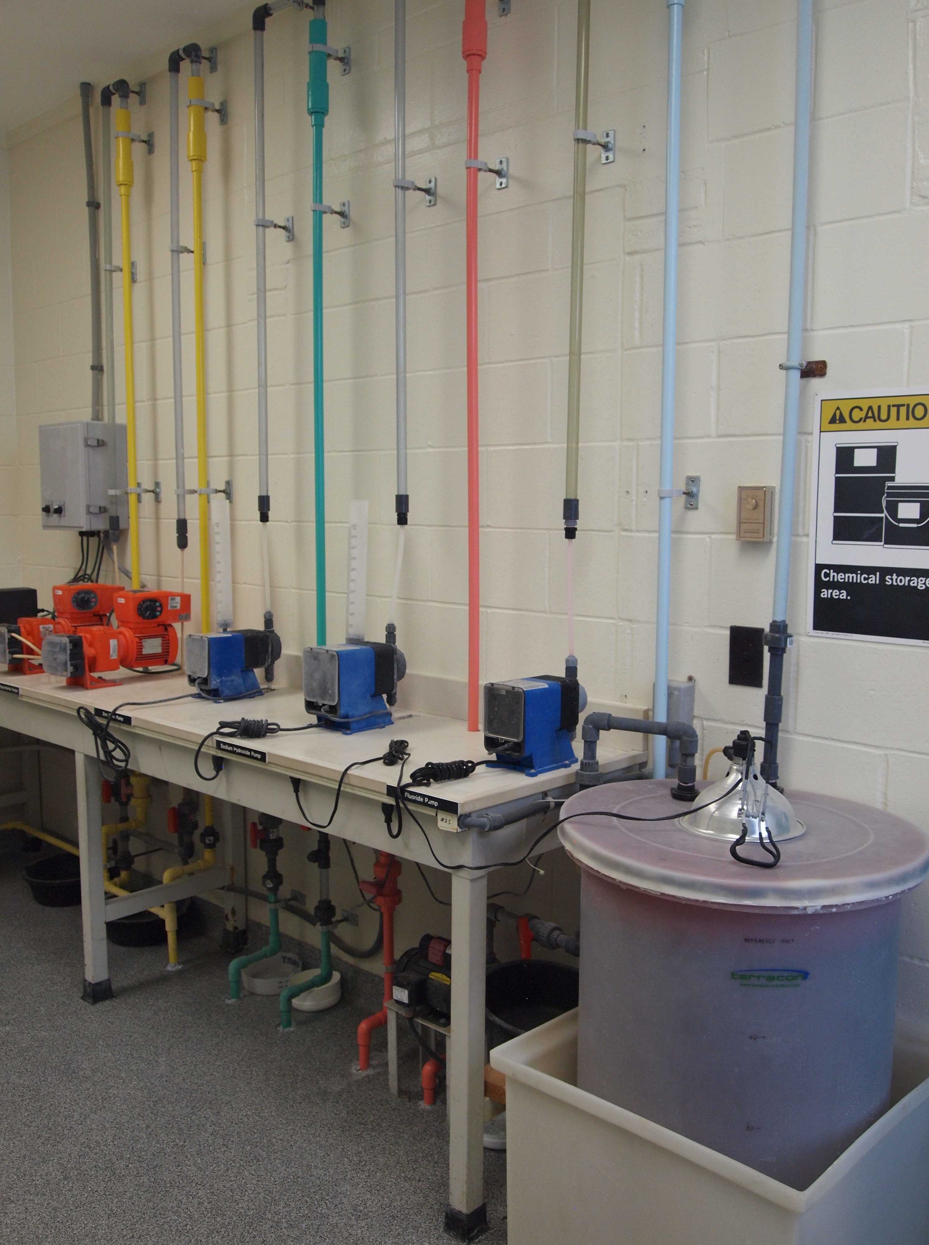 Chemical metering pumps at a water purification plant