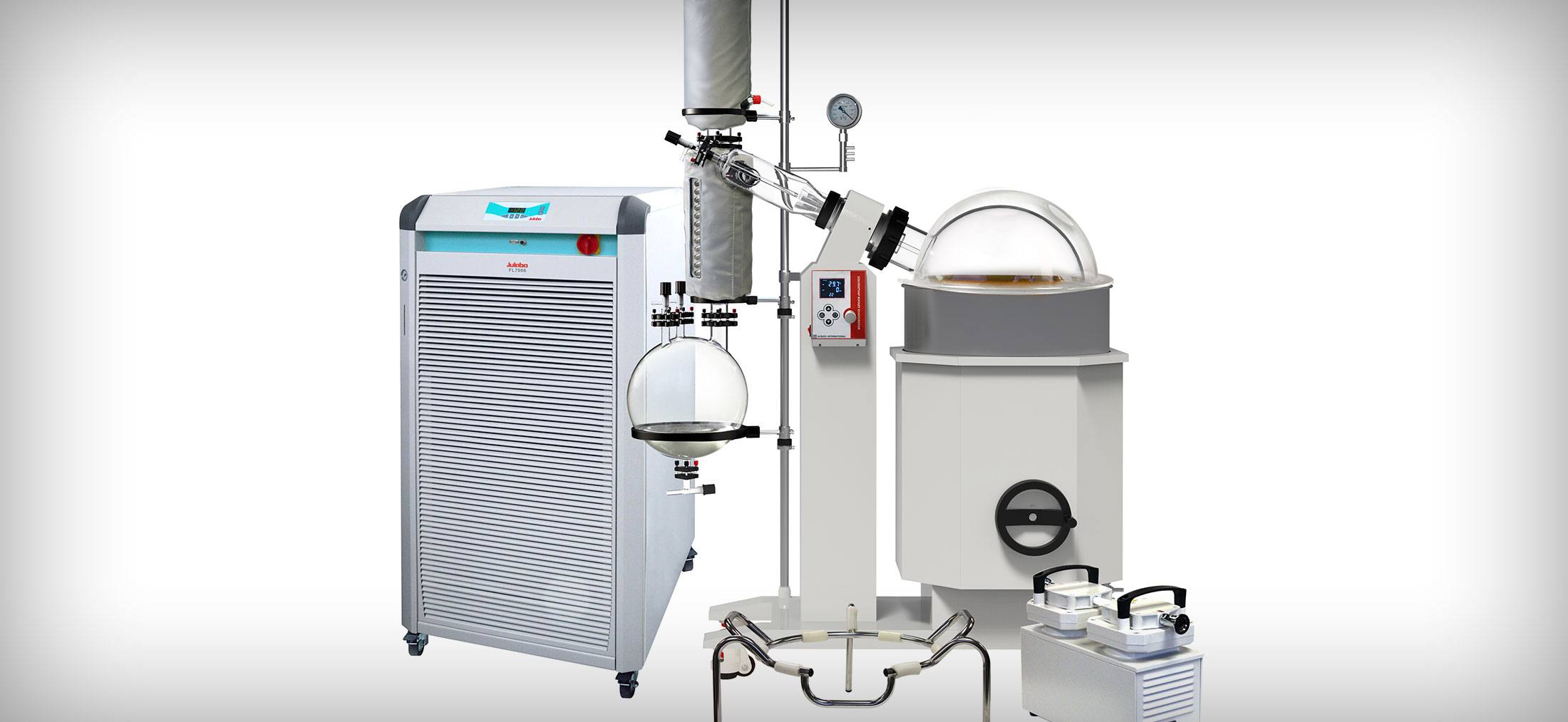 Pilot-scale rotary evaporator system with integrated cooling and evaporation components
