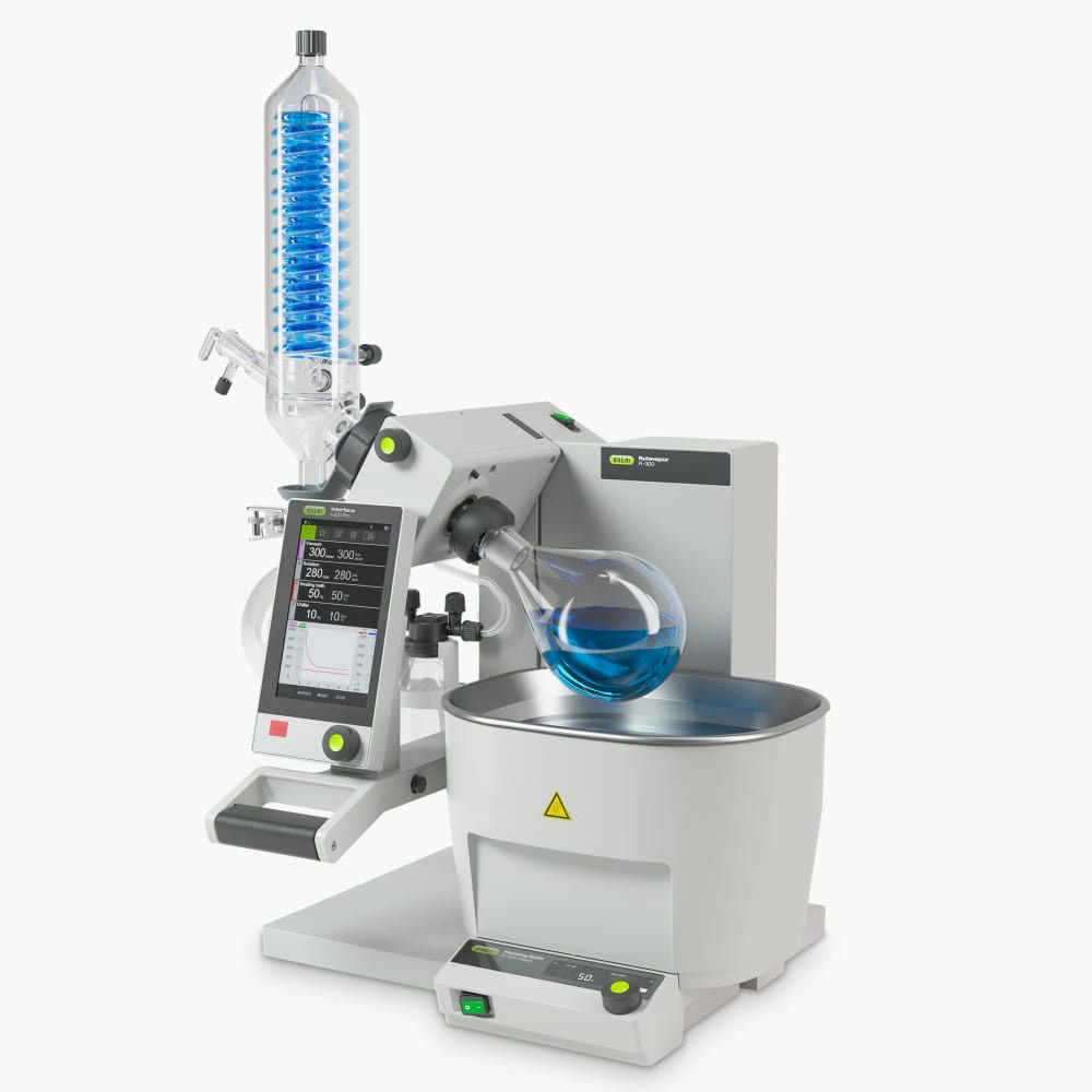 BUCHI Rotavapor R-300 rotary evaporator with heating bath, condenser, and evaporating flask
