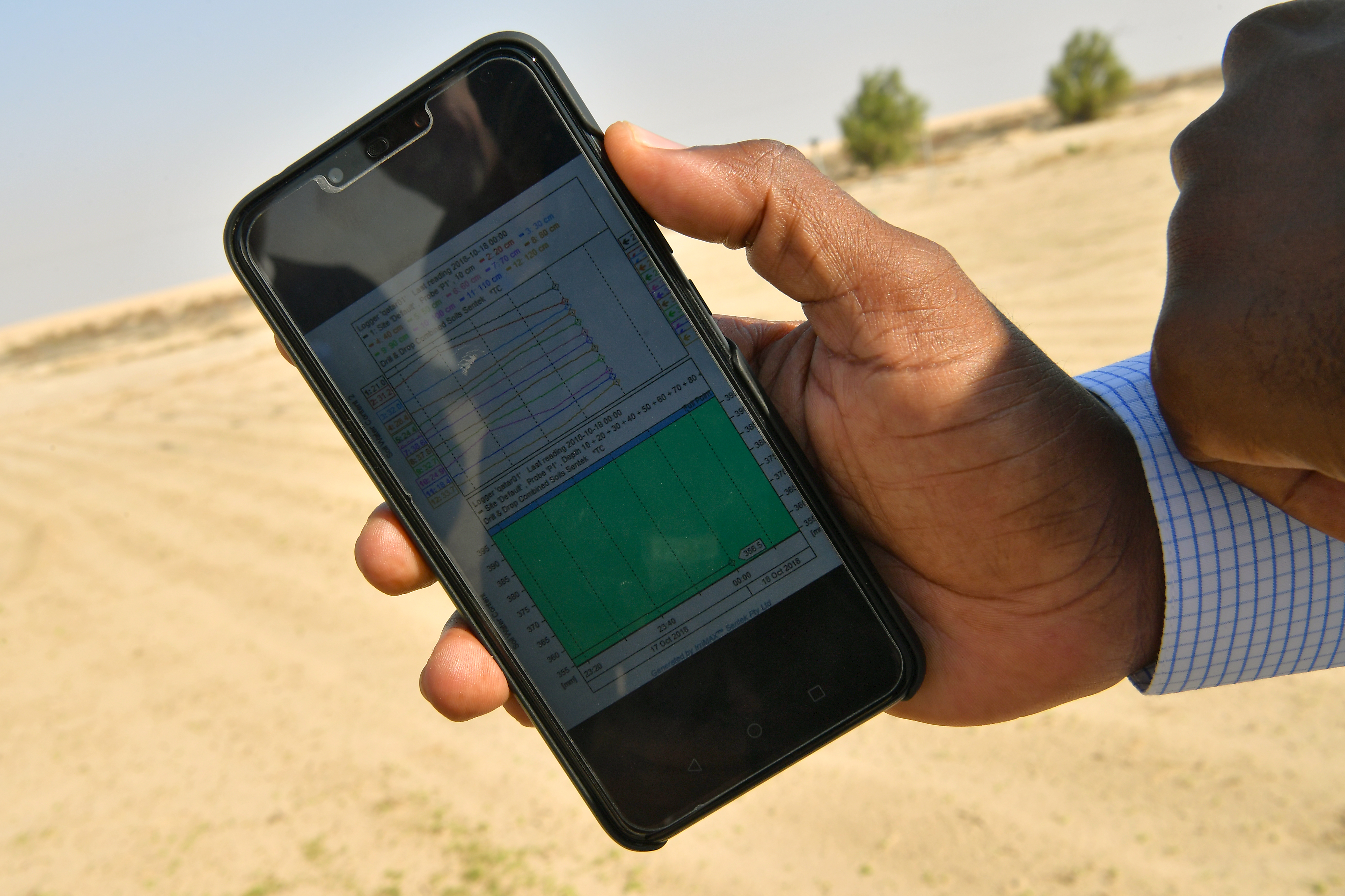 Farmer checking real-time soil moisture profile data in the field